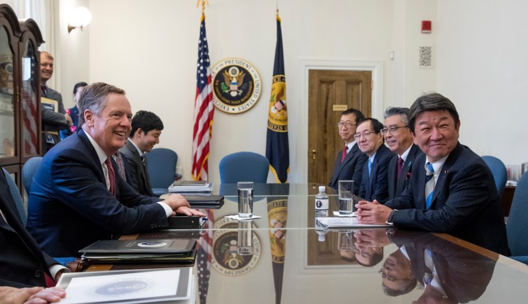 U.S. Trade Representative Robert Lighthizer, center left, and Toshimitsu Motegi, Japan's minister of economy, trade and industry, center right, hold the first round of ministerial trade talks with the Trump Administration, at the Office of the U.S. Trade Representative in Washington, Thursday, Aug. 9, 2018.