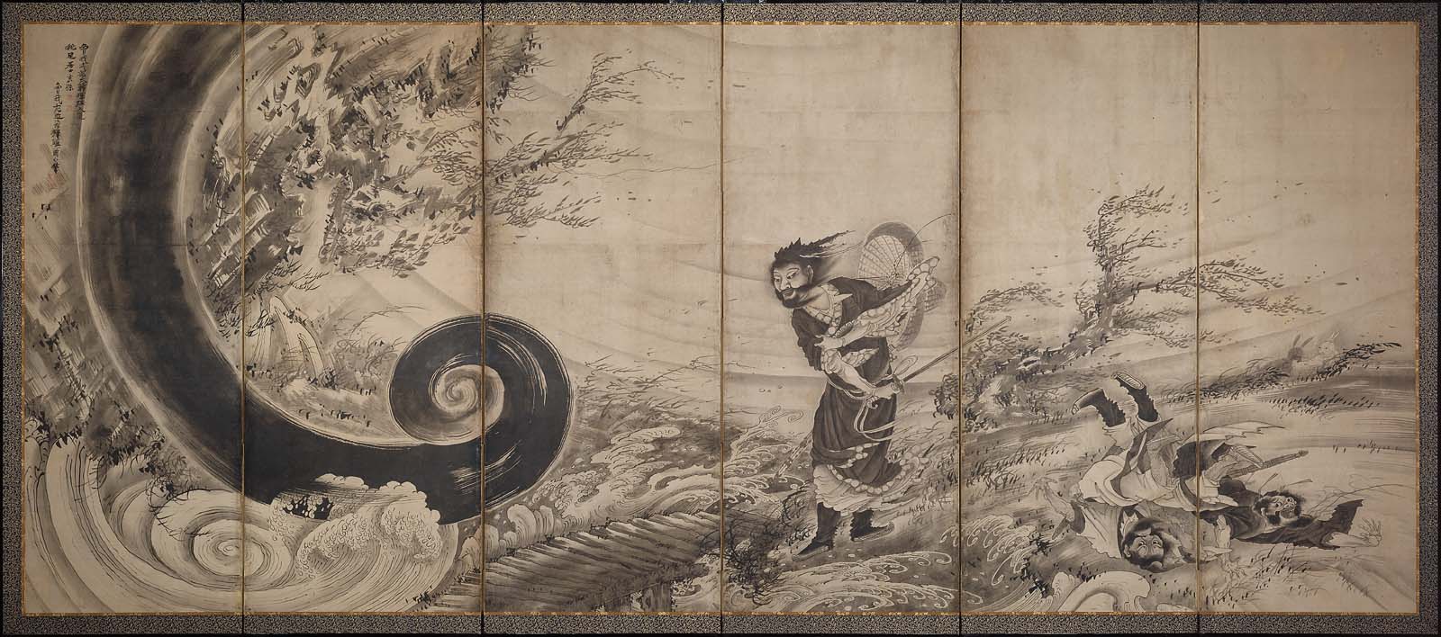 ‘Transcendent Attacking a Whirlwind’ by Soga Shohaku (circa 1764). Ink and light gold on paper.
