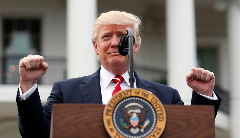 President Donald Trump reacts as he begins to speak at the Congressional Picnic on the South Lawn of the White House, Thursday, June 22, 2017, in Washington.