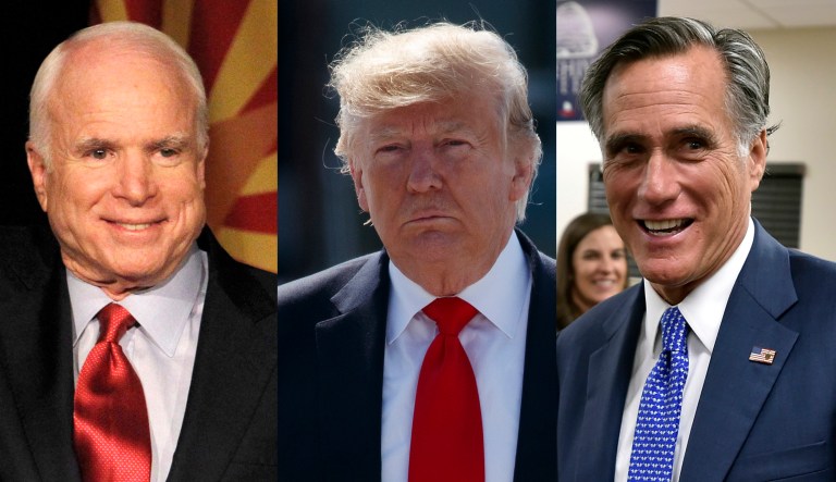 Pictured are John McCain, left, Donald Trump, center, and Mitt Romney, right.