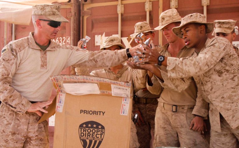 Deployed Marines receive a box of crucial gear from Troops Direct. Photo courtesy of Troops Direct