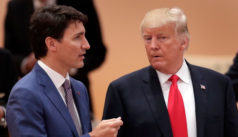 Canada's Prime Minister Justin Trudeau talks to President Donald Trump prior to a working session at the G-20 summit in Hamburg, Germany.