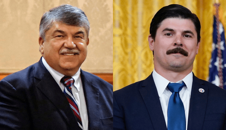 Former AFL-CIO President Richard Trumka (left) and his son, Richard Trumka Jr. (right), are seen.