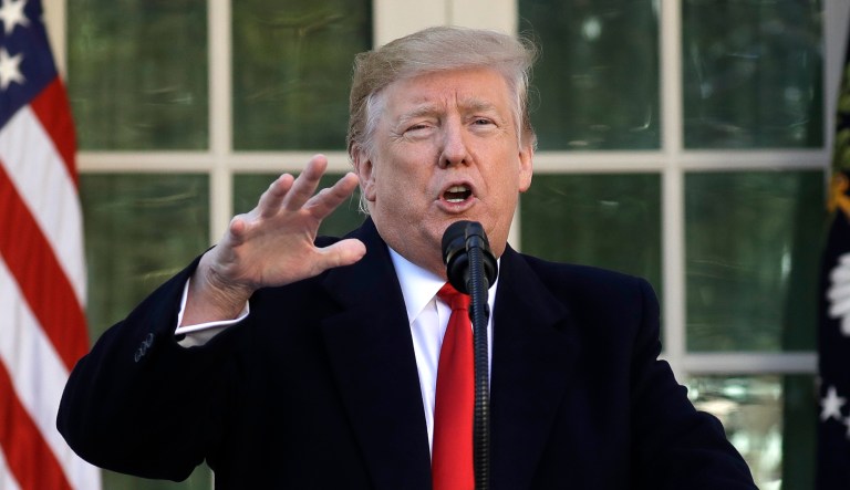 President Donald Trump speaks in the Rose Garden of the White House, Friday, Jan 25, 2019, in Washington.