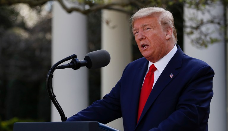 President Donald Trump speaks about the coronavirus in the Rose Garden of the White House, Monday, March 30, 2020, in Washington.
