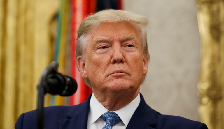 President Donald Trump pauses before speaking during a ceremony to present the Presidential Medal of Freedom to former Attorney General Edwin Meese, in the Oval Office of the White House, Tuesday, Oct. 8, 2019, in Washington.