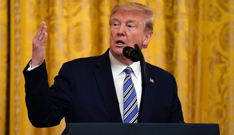 President Donald Trump speaks during an event about the Paycheck Protection Program used to support small businesses during the coronavirus outbreak, in the East Room of the White House, April 28, 2020, in Washington.