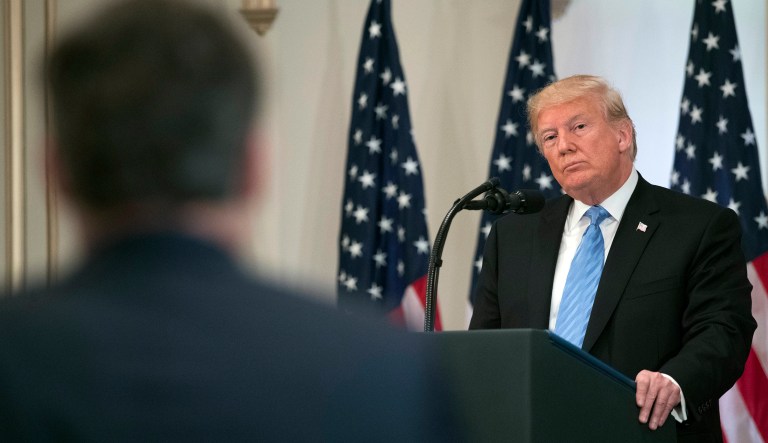President Donald Trump takes a question from CNN's Jim Acosta during a news conference, Wednesday, Sept. 26, 2018, in New York.