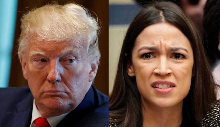 Pictured are Donald Trump, left, and Alexandria Ocasio-Cortez, right.