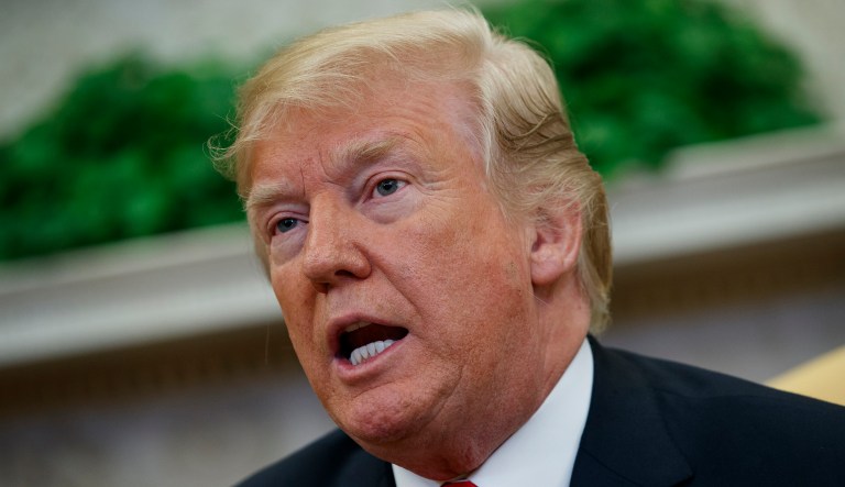 President Donald Trump speaks during a meeting with NATO Secretary General Jens Stoltenberg in the Oval Office of the White House, Thursday, May 17, 2018, in Washington.