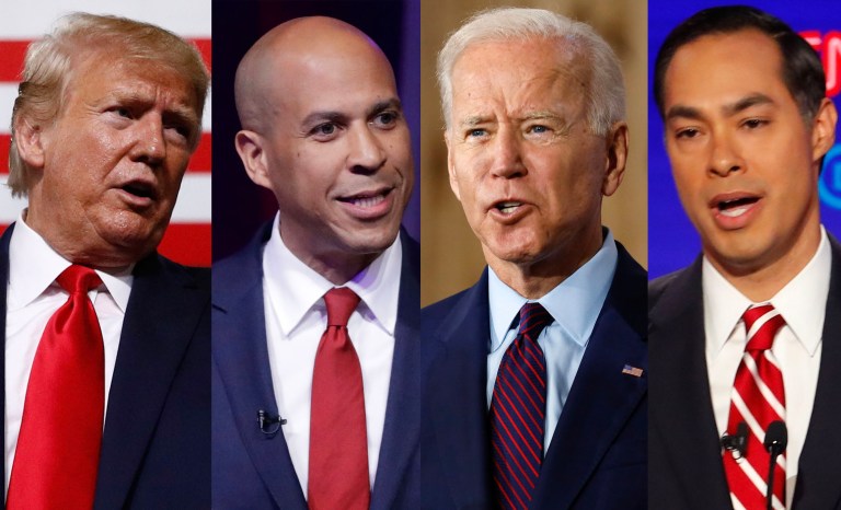 Pictured are Donald Trump, Cory Booker, Joe Biden, and JuliÃ¡n Castro.