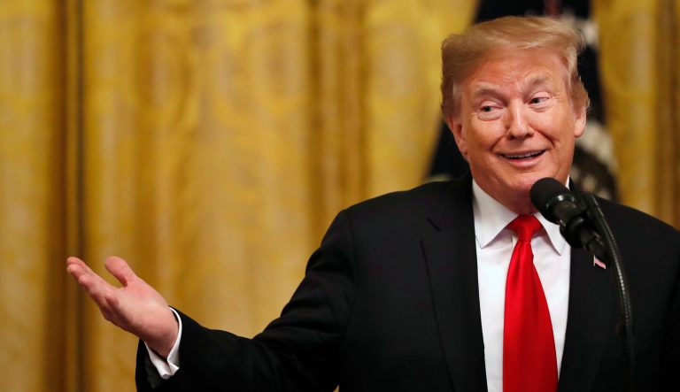 President Trump gestures while speaking, Thursday March 21, 2019, in the East Room of the White House in Washington.