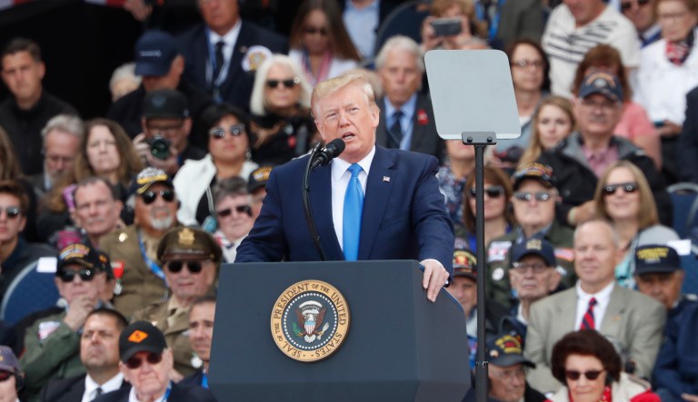 U.S. President Donald Trump speaks during a ceremony to mark the 75th anniversary of D-Day at the Normandy American Cemetery in Colleville-sur-Mer, Normandy, France, Thursday, June 6, 2019. World leaders are gathered Thursday in France to mark the 75th anniversary of the D-Day landings.