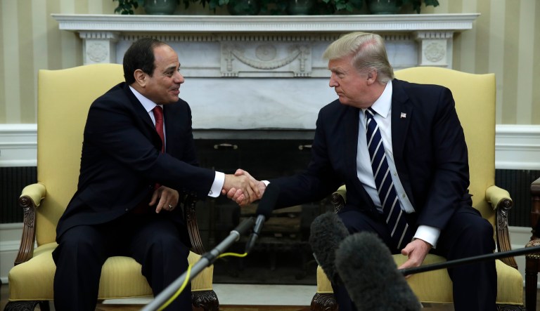 FILE - In this April, 3, 2017 file photo, President Donald Trump shakes hands with Egyptian President Abdel Fattah al-Sisi in the Oval Office of the White House in Washington. On March 26-28, 2018, a Presidential election will be held in Egypt, with  el-Sissi virtually guaranteed to win.