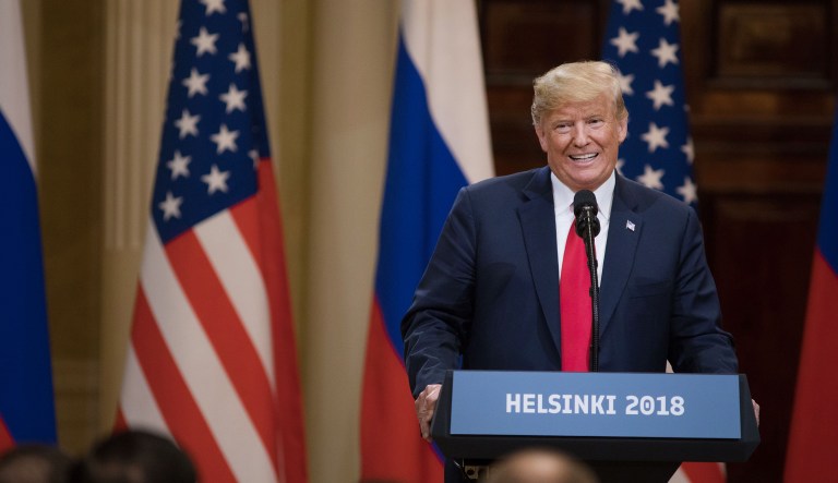 U.S. President Donald Trump speaks during a news conference with Vladimir Putin, Russia's president, not pictured, in Helsinki, Finland, on Monday, July 16, 2018. TrumpÂ called Special CounselÂ Robert Mueller's probe into Russian election meddling a "disaster" on Monday, again questioned whether Russia interfered in the 2016 election that he won and suggested he equally trusted his national intelligence director andÂ PutinÂ -- all as he stood next to the Russian leader.