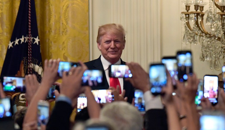 President Donald Trump arrives to speak during a Hispanic Heritage Month Celebration in the East Room of the White House in Washington, Monday, Sept. 17, 2018.