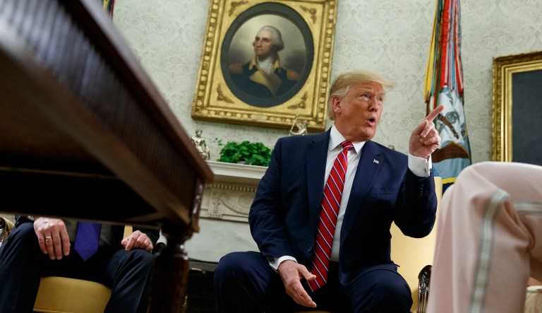 President Donald Trump speaks during a meeting with Polish President Andrzej Duda in the Oval Office of the White House, Wednesday, June 12, 2019, in Washington.