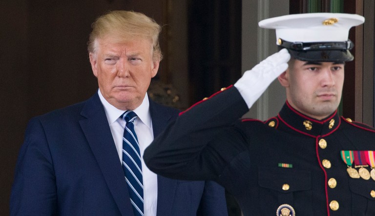 President Donald Trump watches as Canadian Prime Minister Justin Trudeau departs the White House, Thursday, June 20, 2019, in Washington.