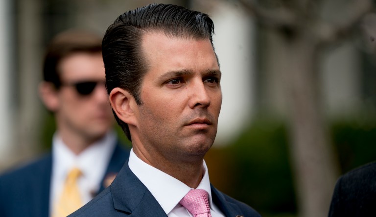 Donald Trump Jr., the son of President Donald Trump arrives for the annual White House Easter Egg Roll on the South Lawn of the White House in Washington, Monday, April 2, 2018.