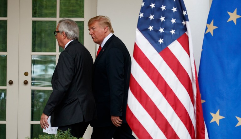 President Donald Trump and European Commission president Jean-Claude Juncker walk to the Oval Office after speaking about trade in the Rose Garden of the White House, Wednesday, July 25, 2018, in Washington.