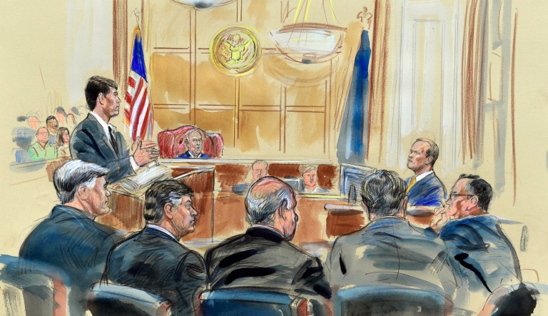 A photo of the courtroom sketch of Rick Gates testifying in the trial of Paul Manafort at the Alexandria Federal Courthouse in Alexandria, Va., on Aug. 6, 2018. Sketch by Dana Dana Verkouteren.