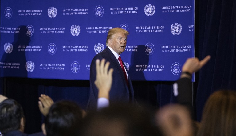 U.S. President Donald Trump leaves following a news conference in New York, U.S., on Wednesday, Sept. 25, 2019. Trump again defended his July 25 phone call with Ukrainian President Volodymyr Zelenskiy, now a central focus of a House impeachment inquiry.