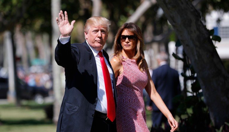 President Donald Trump and first lady Melania Trump arrive for Easter services at Episcopal Church of Bethesda-by-the-Sea, in Palm Beach, Fla., Sunday, April 1, 2018.