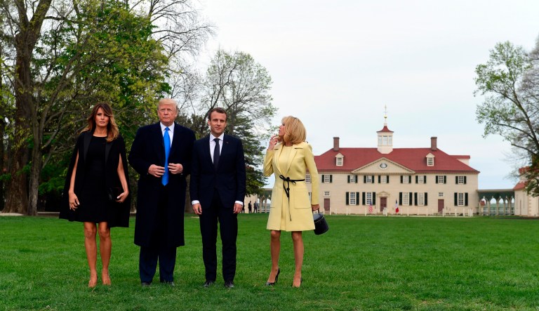 President Donald Trump, first lady Melania Trump, French President Emmanuel Macron and his wife Brigitte Macron pose for a photo in front of Mount Vernon, the home of President George Washington, in Mount Vernon, Va., Monday, April 23, 2018.