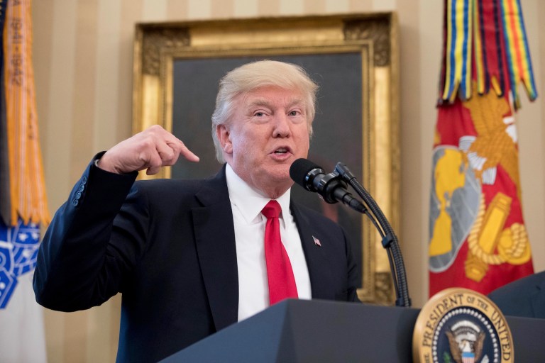 President Donald Trump speaks during a signing ceremony for executive orders regarding trade in the Oval Office at the White House, Friday, March 31, 2017, in Washington. Trump spoke to the media but left before signing the orders.