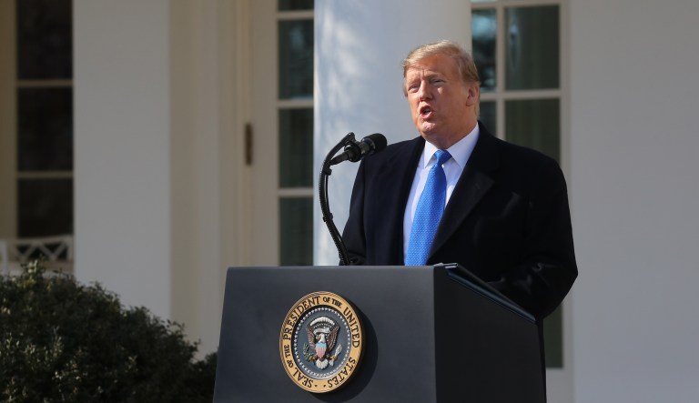 U.S. President Donald Trump speaks in the Rose Garden at the White House in Washington, D.C., U.S., on Friday, Feb. 15, 2019.