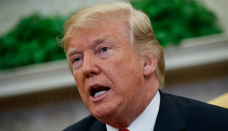 President Donald Trump speaks during a meeting with NATO Secretary General Jens Stoltenberg in the Oval Office of the White House, Thursday, May 17, 2018, in Washington.