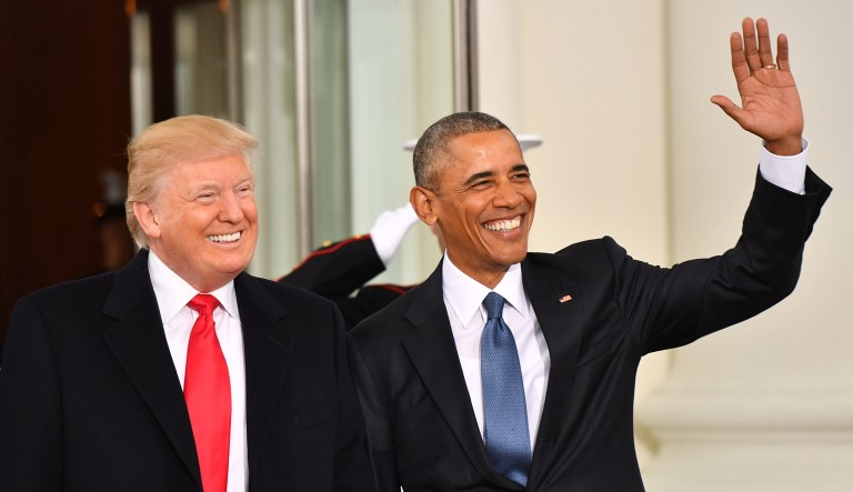 U.S. President Barack Obama, right, and U.S. President-elect Donald Trump stand for a photograph outside of the White House ahead of the 58th presidential inauguration in Washington, D.C., U.S., on Friday, Jan. 20, 2017. Trump will become the 45th president of the United States today, in a celebration of American unity for a country that is anything but unified.
