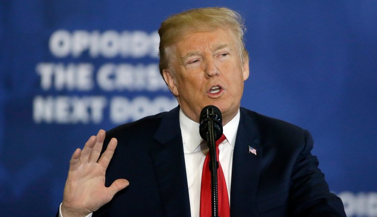 President Donald Trump speaks about his plan to combat opioid drug addiction at Manchester Community College, Monday, March 19, 2018, in Manchester, N.H.