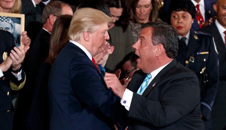 President Trump shakes hands with Gov. Chris Christie, R-N.J. during an event to declare the opioid crisis a "Public Health Emergency" in the East Room of the White House, Thursday, Oct. 26, 2017, in Washington.