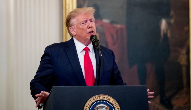 President Donald Trump speaks during a ceremony to present the Medal of Valor to six police officers for stopping a mass shooter in Dayton, Ohio, and Heroic Commendations to five civilians for their heroism during the mass shooting in El Paso, Texas, in the East Room of the White House in Washington, Monday, Sept. 9, 2019.
