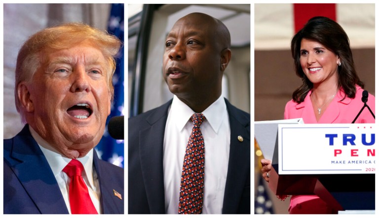 Former President Donald Trump, Sen. Tim Scott (R-S.C.), and former Gov. Nikki Haley (R)