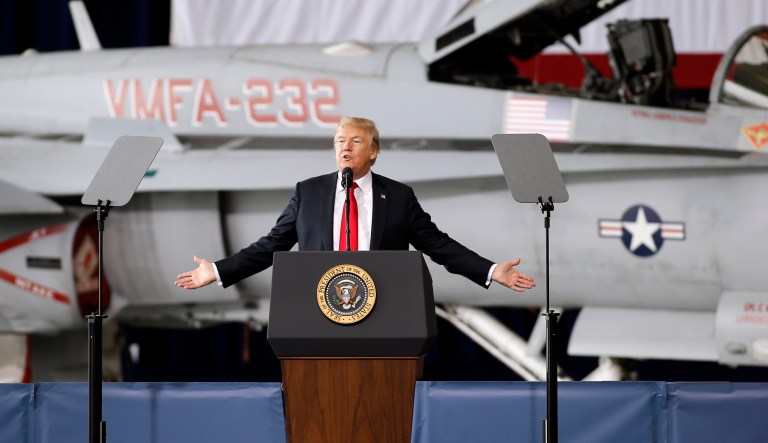 President Donald Trump speaks at Marine Corps Air Station Miramar, in San Diego, Tuesday, March 13, 2018.