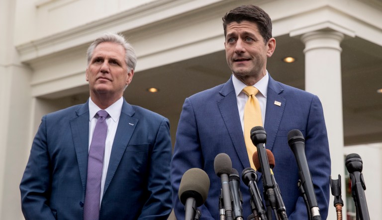House Speaker Paul Ryan of Wis., right, accompanied by House Majority Leader Kevin McCarthy of Calif., left, speaks to reporters outside the West Wing of the White House in Washington, Thursday, Dec. 20, 2018, following a meeting with President Donald Trump on border security.