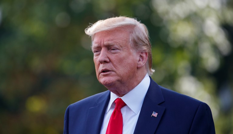 President Donald Trump walks to speak to media as before departing the White House in Washington, Thursday, Aug. 1, 2019, for the the short trip to Andrews Air Force Base, Md., and on to a campaign rally in Cincinnati.