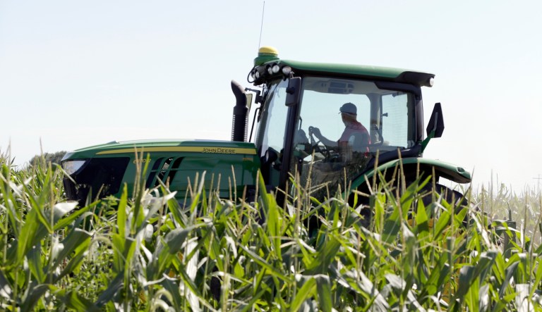 Farmer Tim Novotny of Wahoo, shreds male corn plants in a field of seed corn, in Wahoo, Neb., on July 24, 2018.