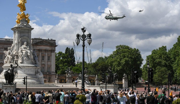 Marine One, carrying U.S. President Donald Trump and U.S. First Lady Melania Trump prepares to land in the grounds of Buckingham Palace in London, U.K., on Monday, June 3, 2019. Trump lands in London Monday morning for a three-day visit.