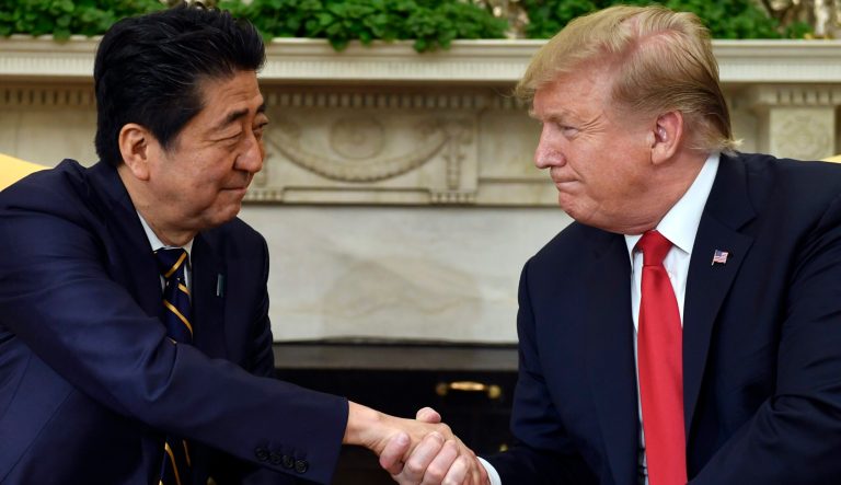 President  Trump shakes hands with Japanese Prime Minister Shinzo Abe in the Oval Office of the White House in Washington, Friday, April 26, 2019.