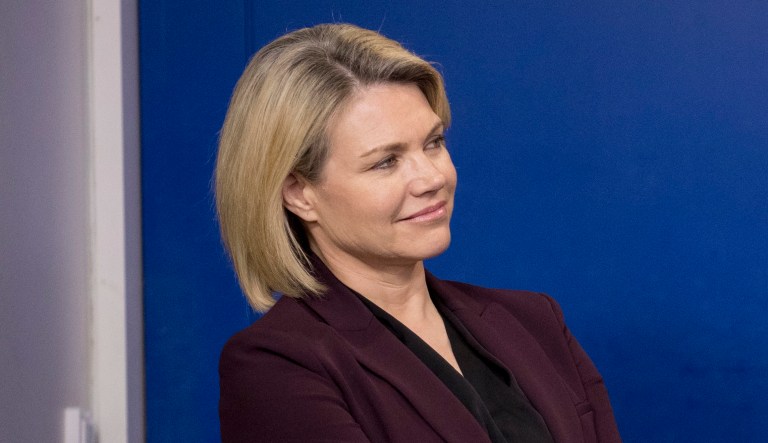 State Department spokeswoman Heather Nauert listens as Secretary of State Mike Pompeo speaks at a news conference on North Korea in the briefing room at the White House, Thursday, June 7, 2018, in Washington.