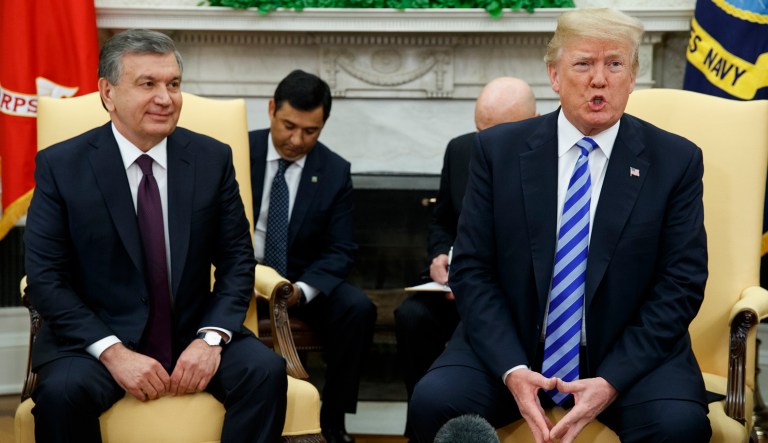 President Donald Trump speaks during a meeting with Uzbek President Shavkat Mirziyoyev in the Oval Office of the White House, Wednesday, May 16, 2018, in Washington.