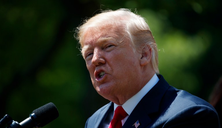 President Donald Trump speaks during a "National Day of Prayer" event in the Rose Garden of the White House, Thursday, May 3, 2018, in Washington.