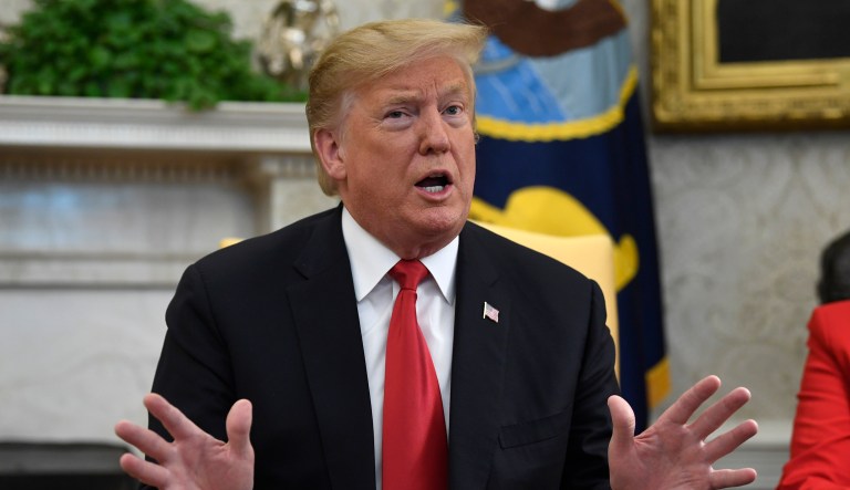 President Donald Trump speaks during a meeting with Fabiana Rosales, a Venezuelan activist who is the wife of Venezuelan opposition leader Juan Guaido, in the Oval Office of the White House in Washington, Wednesday, March 27, 2019.