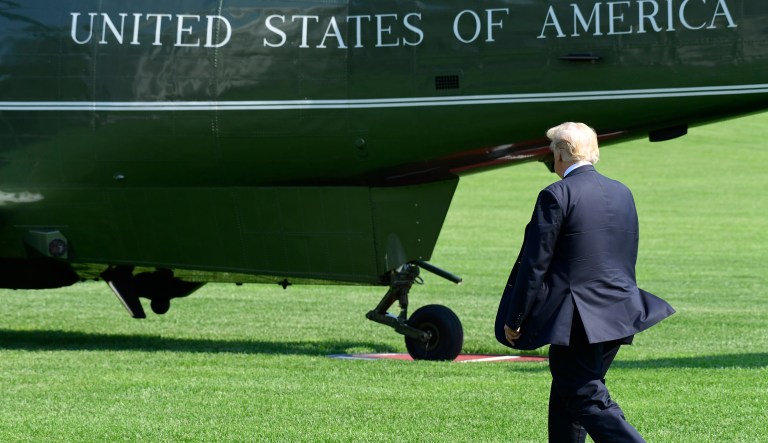 President Donald Trump walks to Marine One on the South Lawn of the White House in Washington, Tuesday, May 15, 2018, as he heads to Walter Reed National Medical Center to visit with first lady Melania Trump who is recovering from a kidney procedure.