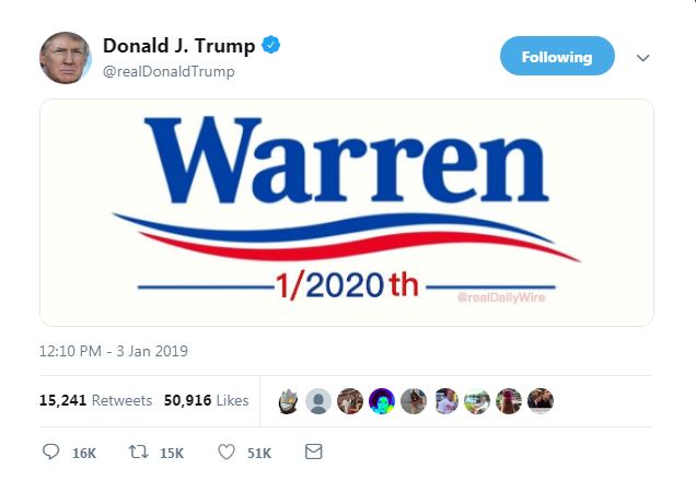 Trump shares parody ‘Warren 1/2020th’ slogan