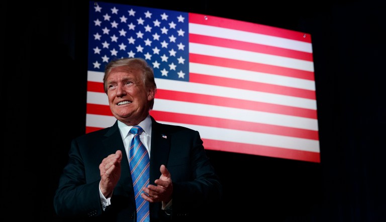 FILE - In this July 3, 2018 file photo, President Donald Trump arrives to speak to a "Salute to Service" dinner in White Sulphur Springs, W.Va.