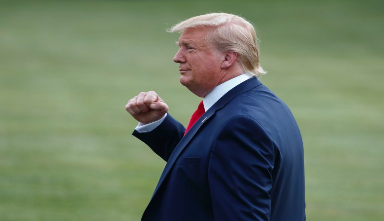 President Donald Trump gestures as he walks to Marine One at the White House in Washington, Thursday, Aug. 1, 2019, for the the short trip to Andrews Air Force Base, Md., and on to a campaign rally in Cincinnati.